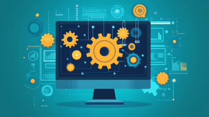 This image shows a computer screen with gears on it. It represents how software can automate tasks in businesses and factories to make things work better.