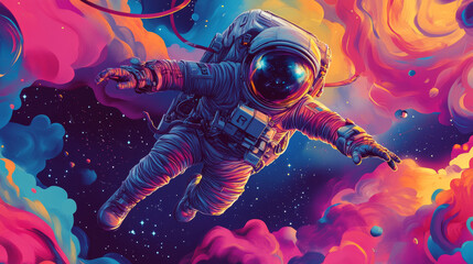 this is a colorful picture of an astronaut in space, perfect for a poster, banner, or background. it