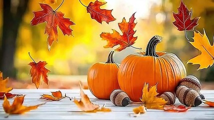 Poster -   A pair of pumpkins rest atop a wooden table surrounded by fallen leaves and scattered acorns on the ground