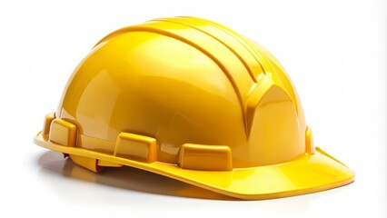 Yellow safety helmet is laying on a white background, representing workplace safety and accident prevention