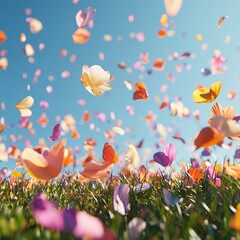 Canvas Print -   A vast sky dotted with pink and yellow blossoms while a sea of these colors flow through the ground below