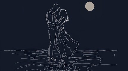 Sticker -   A man and woman stand in night's water, under the full moon's glow