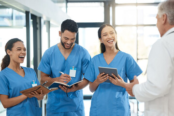 Wall Mural - doctors, people and talk with tablet in hospital of healthcare schedule, planning surgery and learni