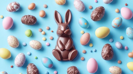 Easter treats featuring chocolate bunny colorful eggs and candies set against a soft blue backdrop Perfect for holiday celebrations or promotional materials Flat lay perspective