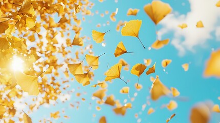 Wall Mural -   A group of yellow umbrellas float in the sky against a blue background with clouds visible behind them