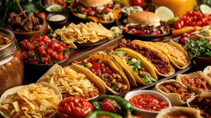 Delicious assortment of traditional dishes including tacos burritos nachos and burgers