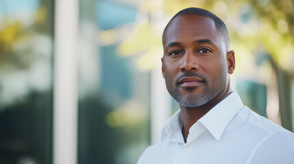 A confident African American businman man wearing a white shirt is standing outside of an office building