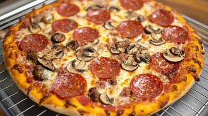 Top view of a freshly baked pizza topped with salami sujuk sausage slices mushrooms and mozzarella cheese on a cooling rack