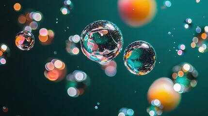 Sticker -   A cluster of colorful soap bubbles gliding over a vibrant blue-green background, with additional bubbles drifting upwards in the sky