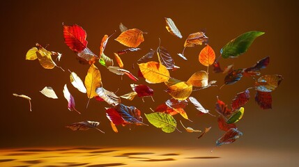 Sticker -   A multicolored cluster of leaves drifts through the air against a darkened backdrop, casting a shadow on the ground below