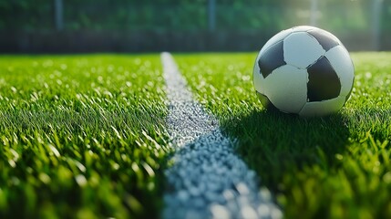 A football resting on a freshly painted line on the pitch, surrounded by vivid green grass.