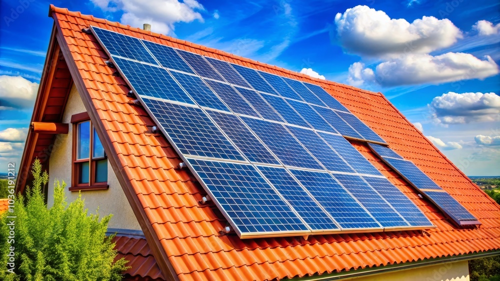 Solar panels are installed on a red roof, providing clean and ...