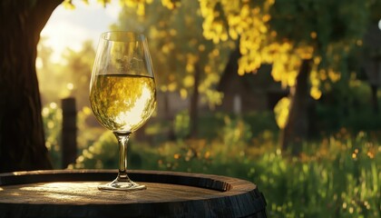 A glass of white wine on a wooden barrel in a sunlit garden at sunset