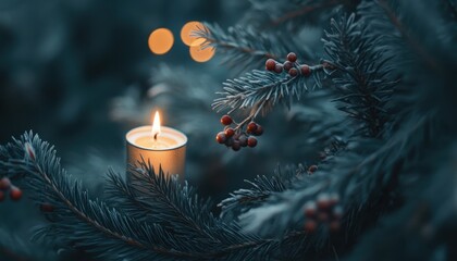 A candle flickers warmly among evergreen branches during the festive season