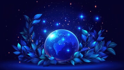 Wall Mural - a mystical blue globe surrounded by vibrant leaves under a starry night sky