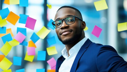 Professional man celebrating success in a modern office with colorful sticky notes