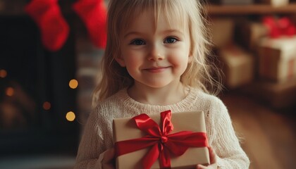 A young child joyfully holding a gift in a cozy holiday setting at home