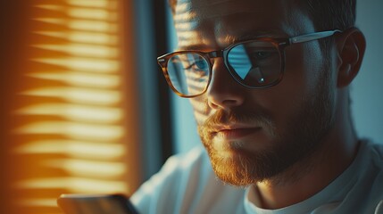 Close up of a man using mobile smart phone in modern office