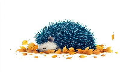 Sticker -   Drawing of a hedgehog sleeping on top of a pile of leaves, with its eyes shut and head resting atop its own back