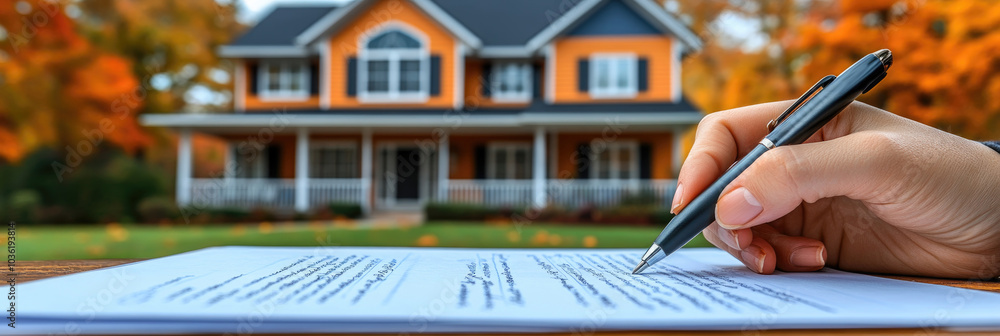 A hand holding a pen prepares to sign a real estate contract in the ...