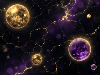 abstract artwork illustration glowing gold and purple galaxy and planets background