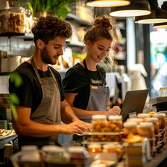 Portrait of a Couple of Small Business Owners Working in a Modern Street Food Cafe. Workers Preparing for a Busy Day, Operating a Delivery Software on a Laptop Computer