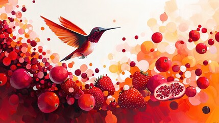 Sticker -   A white background depicts a hummingbird hovering above a mixed berry and pomegranate arrangement