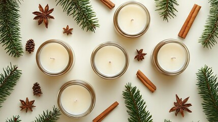 Wall Mural -   A cluster of candles perched on a table with pinecones and cinnamon sticks positioned on a white background