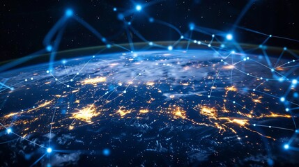 digital world with a grid of data lines showing global telecommunication and iot