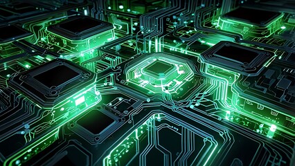 Futuristic Circuitry – An intricate web of digital circuits glowing in green and silver, with light pulses traveling through the paths.