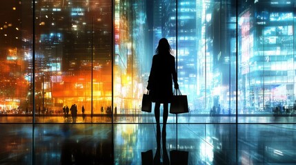 A lone woman stands in front of a large window. She is facing the city and holding shopping bags. There are several figures visible in the windows reflection.