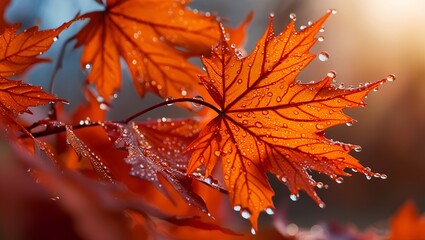 Autumn orange maple leaf macro photo with raindrops. The beauty of nature, autumn forest and leaf fall. Foliage in closeup. A warm atmosphere.