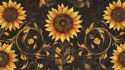 Wall Mural -   A painting featuring a cluster of sunflowers in motion against a black and gold gradient backdrop