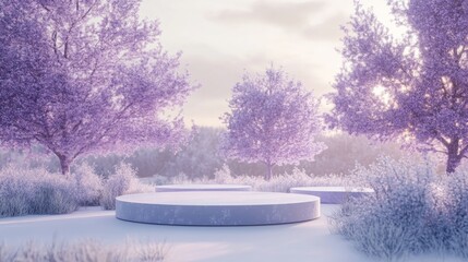 Fototapete - A serene winter scene displays stunning purple trees surrounding smooth circular stone platforms. Soft sunlight filters through, adding a magical glow to this tranquil setting filled with fresh snow.