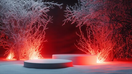 Fototapete - Two white platforms sit on the snowy ground in a forest at night. The trees are bare and covered in frost. The platforms are illuminated by a red light, creating a surreal and ethereal atmosphere.