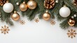 © lililia - A beautiful flat lay featuring a golden and white background adorned with Christmas decorations, snowflakes, and festive elements