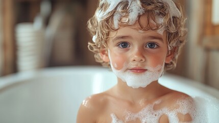 cute little boy with foam on his face.