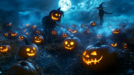 Halloween pumpkins and witch on dark forest background. 3D rendering.
