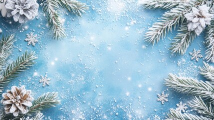 Leinwandbilder - The image features pine branches covered in a layer of snow, arranged around a blue background with delicate snowflakes scattered across the surface.