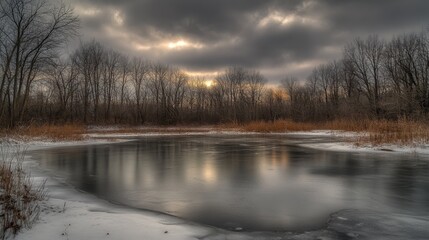 Aufkleber - A serene winter scene captures a partially frozen pond reflecting the moody sky above.