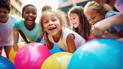 A joyful group of children energetically plays tug-of-war with colorful balloons, radiating happiness and carefree fun in a vibrant outdoor setting.