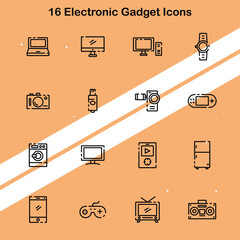 Wall Mural - set of 16 electronic gadget icons representing various tech devices and modern tools.