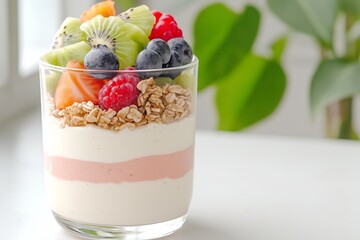 A Colorful Fruit Parfait Layered With Yogurt and Granola, Served in a Minimalist Café, Breakfast Food Photography, Breakfast Menu Style Photo Image