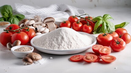 Fresh tomatoes, mushrooms, basil, and flour aesthetically arranged, creating a vibrant culinary presentation on a bright kitchen countertop.