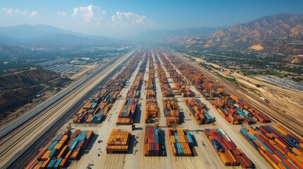 Aufkleber - This aerial view captures a vast shipping container yard filled with vibrant, stacked containers. The surrounding mountains and clear blue sky complete the midday scene of industrious activity.