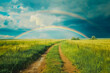© MVProductions - Rainbow over stormy sky. Rural landscape with rainbow over dark stormy sky in a countryside at summer day.