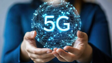Fototapete - Person holding a glowing 5G sphere with a digital network.