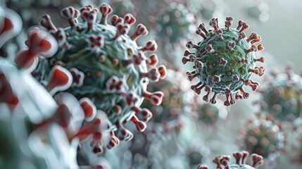 detailed rendering of coronavirus particles, focusing on the virus's structure and surrounding envir