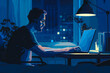 © MVProductions - Remote worker working from home work overtime at night, mid aged male working hard in front of a laptop on the desk late at night. In front of him laptop. Side view.