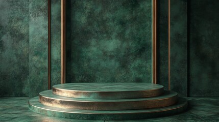 Aufkleber - A sophisticated green backdrop features a smooth circular pedestal perfect for artistic displays or presentations.